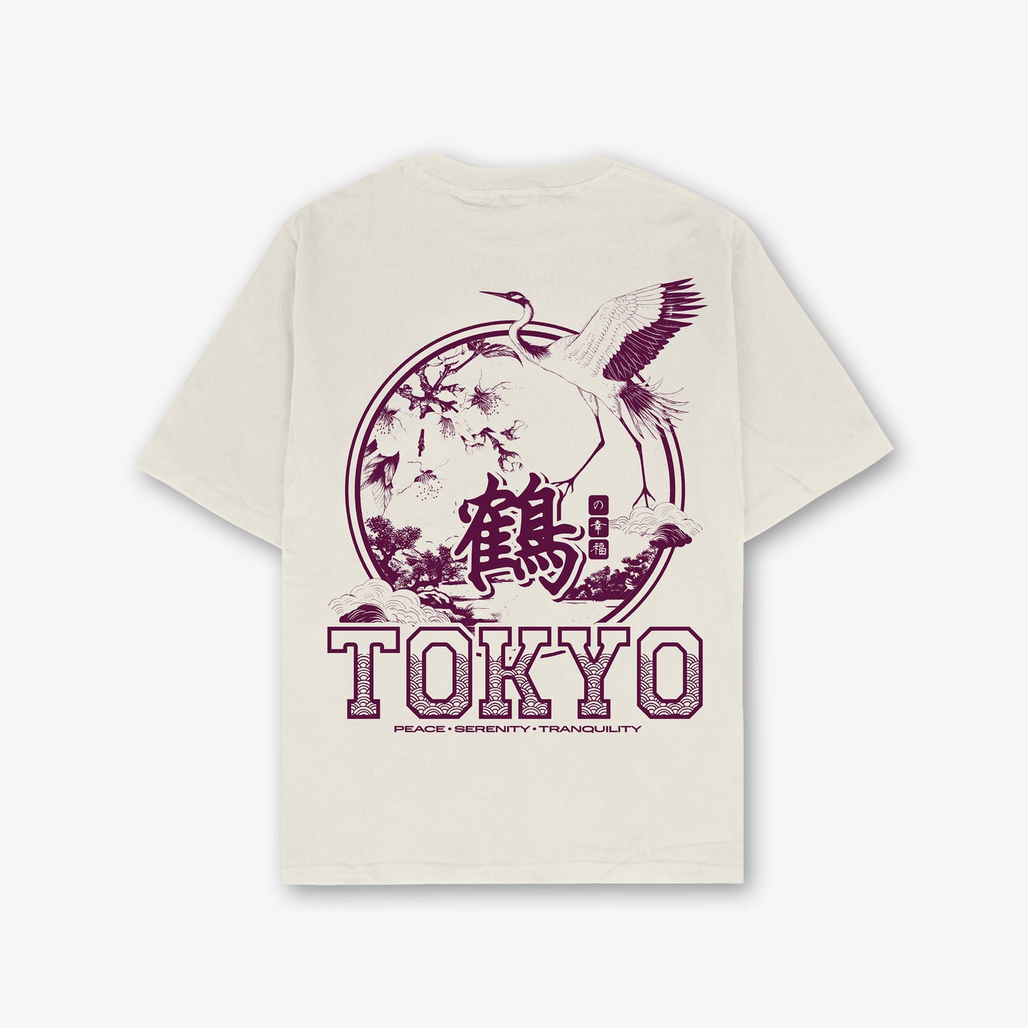Tokyo Crane Front And Back Print Washed T-Shirt