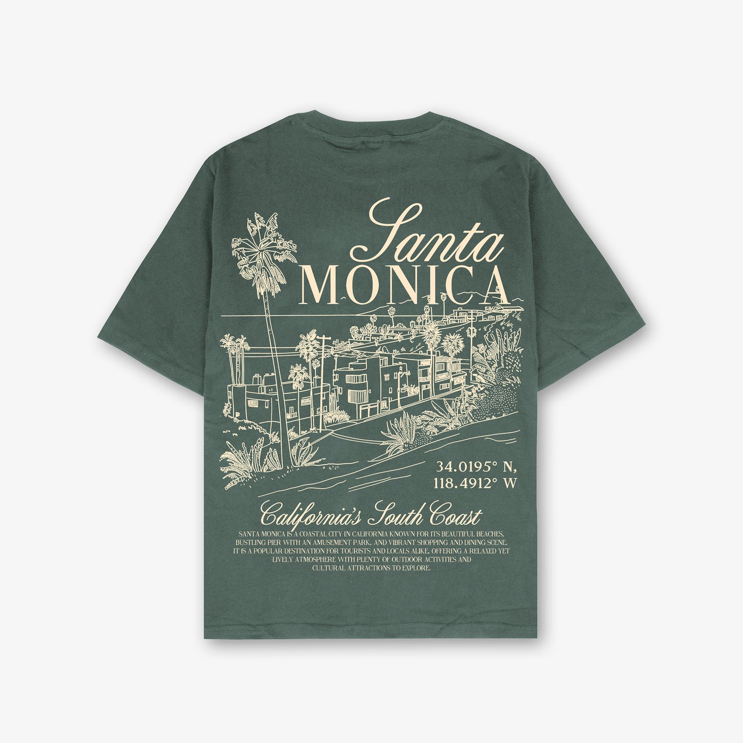 Santa Monica Green Front And Back Print Washed T-Shirt