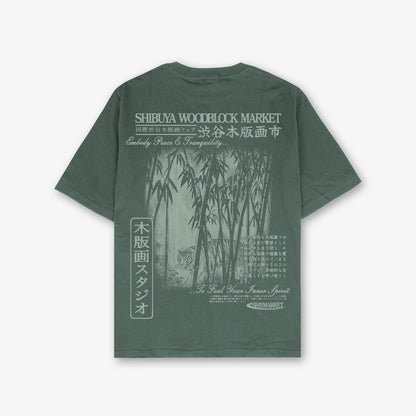 Shibuya Woodblock Market Front And Back Print Washed T-Shirt